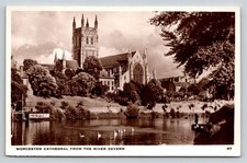 Worcester Cathedral River Severn RPPC Vintage Real Photo Postcard Sepia UK picture