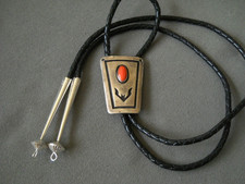 Southwestern Native American Navajo Red-Orange Coral Sterling Silver Bolo Tie picture