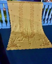 VTG Hand embroidery Cross Stitch  Floral Tablecloth Mustard Yellow 57” X 103” picture
