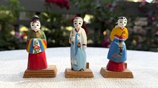Vintage Korean Wooden Folk Art Figurines Place Card Holders Hanbok Set of 3 picture