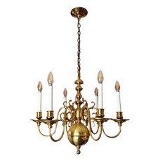 Vintage 6-Arm Dutch Queen Anne Style Brass Chandelier - 23