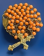 Vintage Catholic Orange Milk Glass Small Rosary, Gold Tone Crucifix picture