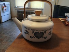Vintage 80's Jay White Enamel Tea Kettle With Blue Hearts picture
