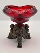 Vintage Ruby Red Glass Ashtray Bowl Metal Cherub Pedestal Gothic MCM Centerpiece picture