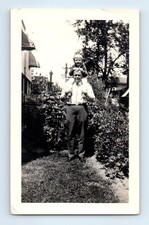 Old Vintage Photo BOY SITTING ON SHOULDERS OF MAN OUTSIDE HOUSE IN YARD picture