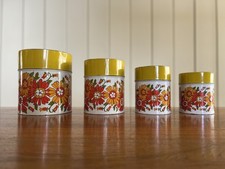Vintage 1960s-1970s Yellow, Orange And Green Flower Nesting Canisters Rare picture