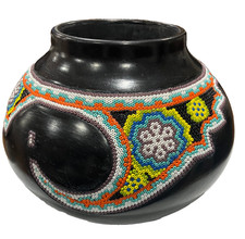 Vintage Huichol Mexican Folk Art Black pottery Glass Seed Beads Wax Conch Shell picture