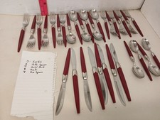 Vintage I.S. Stainless Red Handle Flatware Set 31 Pc Mid Century Modern picture