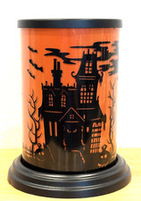 RARE HTF SPOOKY GLASS HALLOWEEN HAUNTED HOUSE HURRICANE CANDLE HOLDER WITH BASE picture
