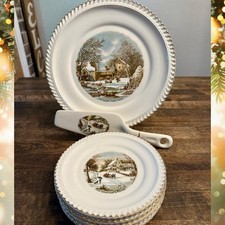 Vintage Harkerware Currier & Ives Cake Plate•6 Dessert Plates•Server 22k Gold picture