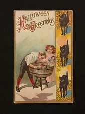 Antique Halloween Postcard 1907 Bobbing for Apples Black Cats Children Edwardian picture