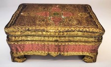 Vintage Italian Gilt & Coral Pink Handpainted Floral Footed Wooden Box picture