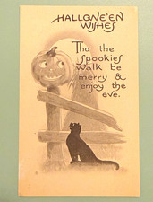 Vtg. Halloween Wishes Postcard-(Tho the Spookies) Black Cat & Jack-o'-Lantern picture
