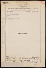 1895 Richmond Cavendish Co Twin Clouds Tobacco Trademark Registration picture