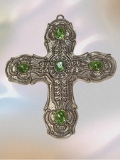 Towle Silver Tone Cross Ornament with Green Stones picture