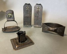 Vintage Arts & Crafts Era Hammered Copper & Polychrome Decorated Desk Items picture