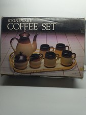 Vintage Interpur Stoneware Coffee Set 10 PC NIB NOS 1970's Brown Beige W/Tray picture