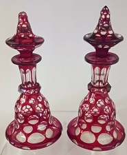 Pair Antique Bohemian Glass Ruby Red Honeycomb Cut Overlay Perfume Bottles picture