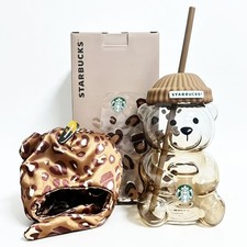 New Starbucks 2026 Leopard Print Bearista Bear Glass Tumbler Straw Cup picture