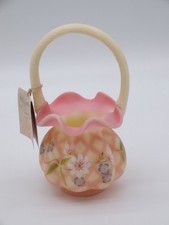 FENTON Hand Painted Floral & Diamond BURMESE Art Glass Basket T Twyman UV+ GLOWS picture