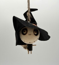 Pier 1 Imports Crazy Head Wooden Ornament 6” Witch with Broom Halloween Decor picture