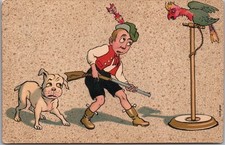 Vintage 1909 HUNTING Comic Greetings Postcard Hunter & Dog Sneaking up on Parrot picture