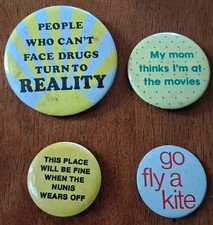 Lot of 4 Vintage Pinback Buttons Humorous Novelty Sarcastic 70s 80s picture
