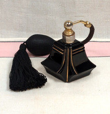 1920s Antique French Art Deco Black Glass Perfume Bottle Atomizer w/ Gold Trim picture