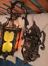  Spanish Gothic Revival Hollywood Regency Cast Metal Pendant Glass Hanging Lamp picture