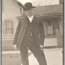 c1910s Man Bowler Hat RPPC Postcard Mustache Suit Watch Fob House Portrait picture