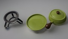 Vintage MCM Avocado Fondue Melting Cooking Pot Green w/ Wood Handle picture
