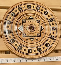 Vintage Ukrainian Hutsul Hand-Carved Wooden Plate Copper Pin Inlay Folk Art picture