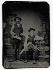 Antique Occupational Tintype Photo 2 Carpenters Tools Saw Plane Square Hammer picture