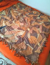 Vintage Hand Made 1940s-50s Real Leather Crazy Quilt w/ Fringe & Flannel Lining picture
