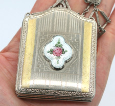 Antique 1920's Finberg Guilloche Rose Enamel Powder Compact Wristlet Purse Case picture