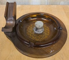 Vintage Decatur Industries Walnut Amber Glass Ashtray & Pipe Holder Used MCM picture