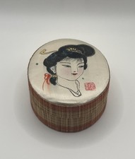 Vintage Japanese Geisha Trinket Box Hand Painted Silk Fabric Lined Oval picture