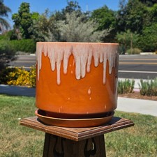 Vtg 1977 California Pottery Planter Pot Saucer Set CJ10 Drip Glaze Gainey Style picture