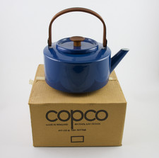 Vtg Copco Michael Lax Designs Holland Blue Enamel Tea Kettle Teak Hand In Bx NOS picture