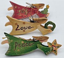 3 Hand Painted Wooden Angels Ornaments PEACE LOVE JOY Primitive Farmhouse picture