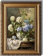 KBKBART Vintage Framed Wall Art Moody Blue White Hydrangeas Canvas 12