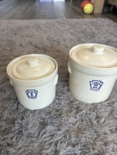 Vintage Pfaltzgraff Yorktowne Stoneware #1  & #2 Canisters w Lids Blue Script picture