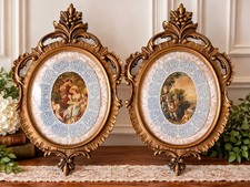 Vintage Pair Ornate Gold Oval Wood Wall Frames Romantic Victorian Art 17