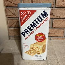Vintage 1960s Nabisco Premium Saltine Cracker Tin Metal Box Blue Lid 14oz Decor picture