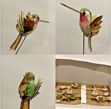 12 NOS Vintage Hummingbird Ornaments Pink Green Cream Wood Feathers w/Wire Pick picture