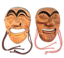Vintage Korean Hahoe Yangban Masks Pair Hand Carved Wood Theater Folk Art Decor picture