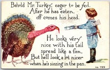 1912 Behold Mr. Turkey Eager To Be Fed, Cute Baby Girl Feed The Turkey Postcard picture
