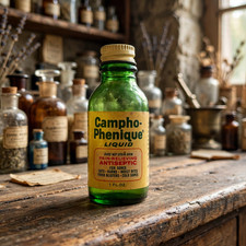 Vintage 1968 Green Campho-Phenique Owens-Illinois Alton Bottle w/Label & Lid/Cap picture
