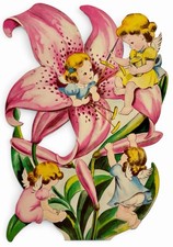 Giant 1947 Norcross 11” Die-Cut Stand-Up Easter Card Pink Lily’s & Cherub Angels picture