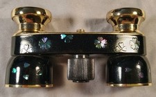 Vintage Mignon 2.5X Opera Glasses Japan Abalone Clover Inlay Black Enamel Case picture